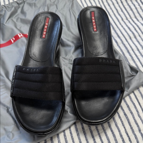 Prada Black Slide Sandals with Logo - Picture 1 of 12
